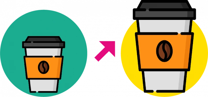 illustration of a small coffee cup and a larger coffee cup with an arrow to indicate upselling